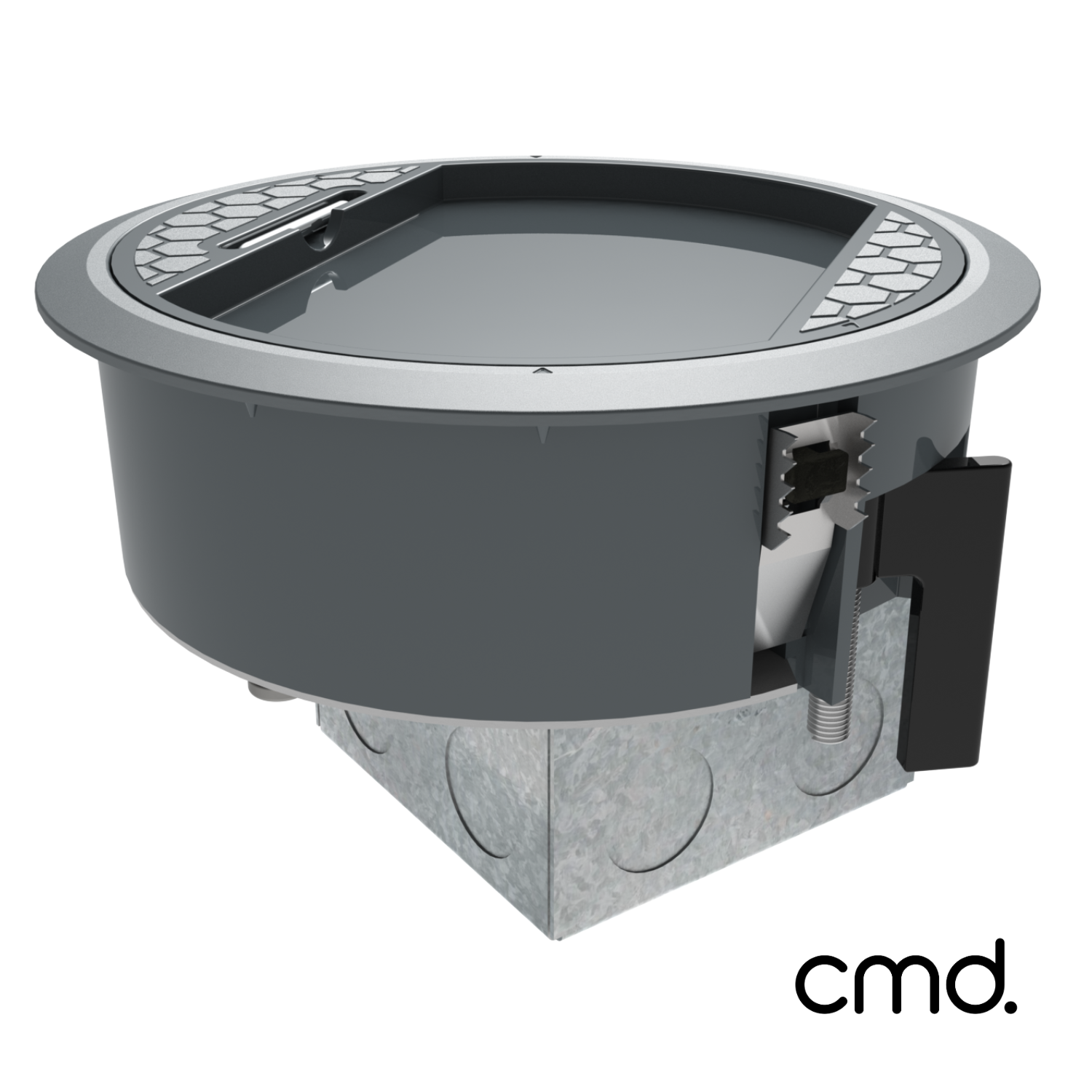 CMD 127mm Power Hive (Cleaners) c/w 13A Single Socket and Back Box - Lid to accept carpet tile6-8mm - Standard